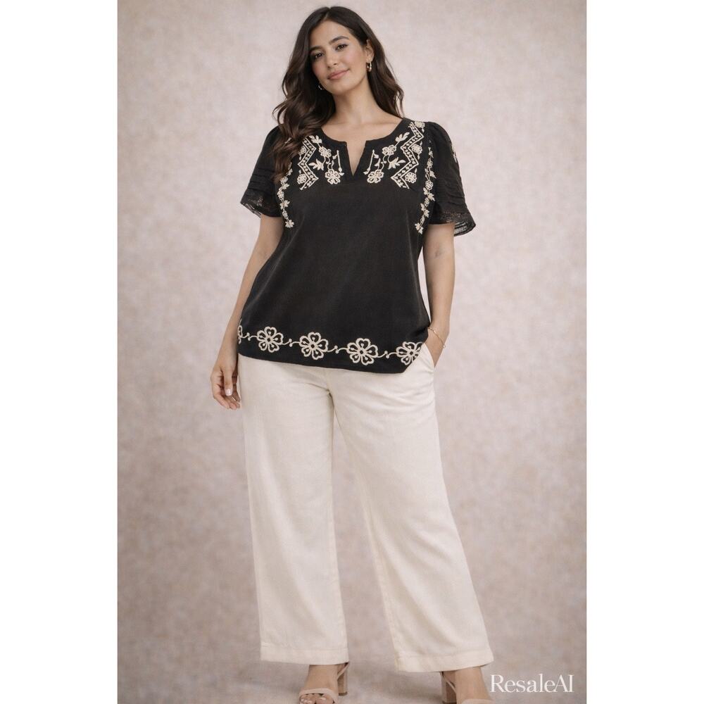 Jennifer & Grace Black Embroidered Boho Peasant Blouse 2X 100% Cotton